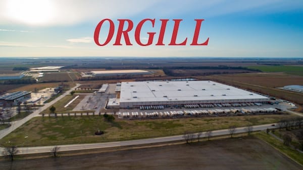 Aerial view of a large industrial Orgill Distribution Facility with the word 