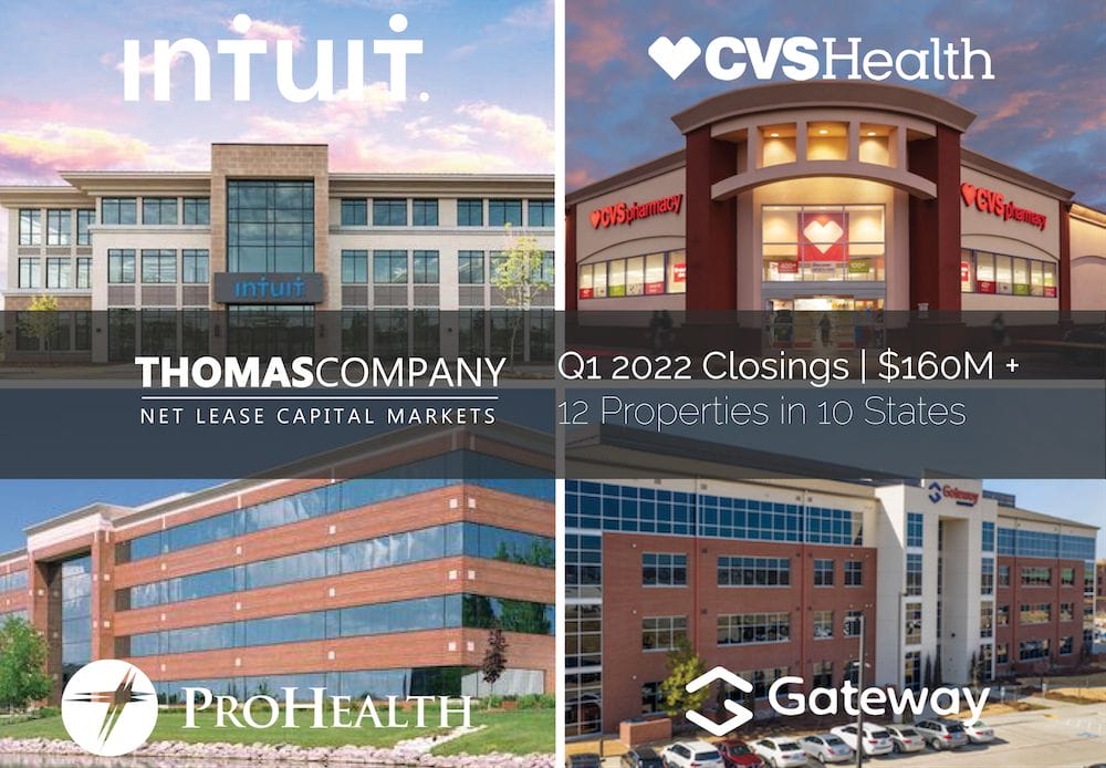 Collage of commercial buildings representing intuit, cvs health, thomas company, and gateway with logos and Q1 2022 Closings brief financial details.