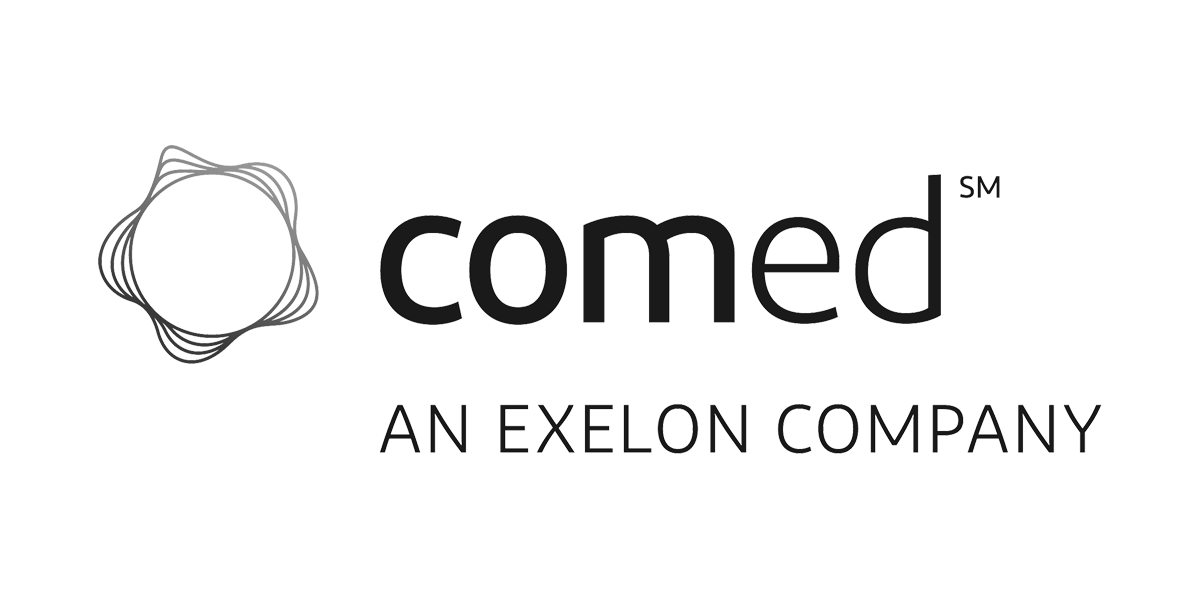 Logo design of ComEd, an Exelon company, featuring a stylized atomic orbit symbol to the left of the word 
