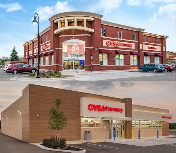 Two images of recently sold CVS pharmacy stores: the top shows a two-story brick building at twilight, while the bottom depicts a single-story wood-paneled structure in daylight.
