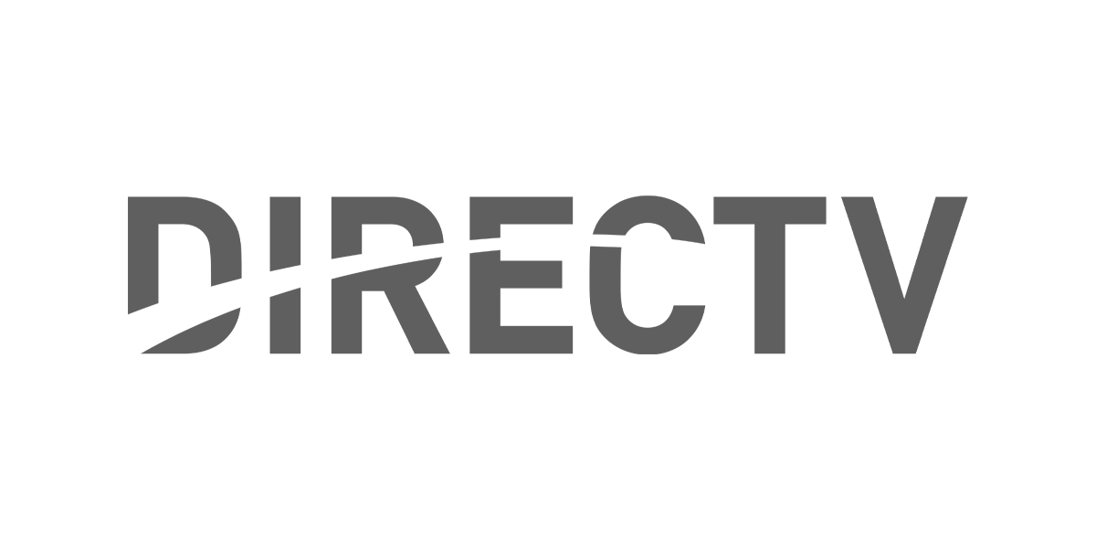 Gray logo design of DIRECTV featuring bold, slanted lettering with a stylized diagonal line cutting through the text.