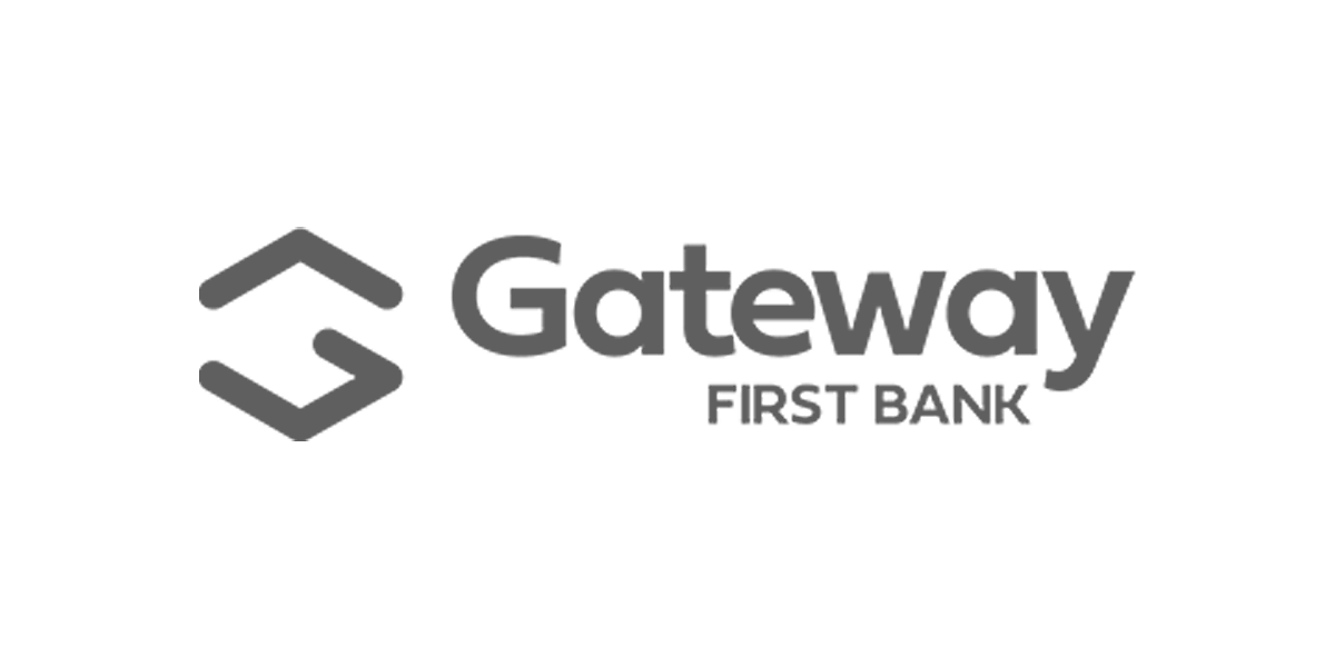 Logo of Gateway First Bank featuring stylized arrows forming a house above the bank's name in gray tones for their branding project.