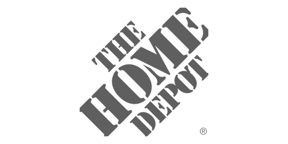 Logo design of The Home Depot in a stylized, slanted format with the company name in bold, block letters.