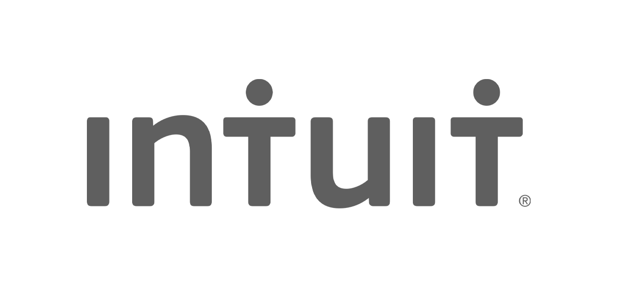 Logo of Intuit, featuring the company's name in gray sans-serif font, with a stylized human figure above each 'i' for branding.