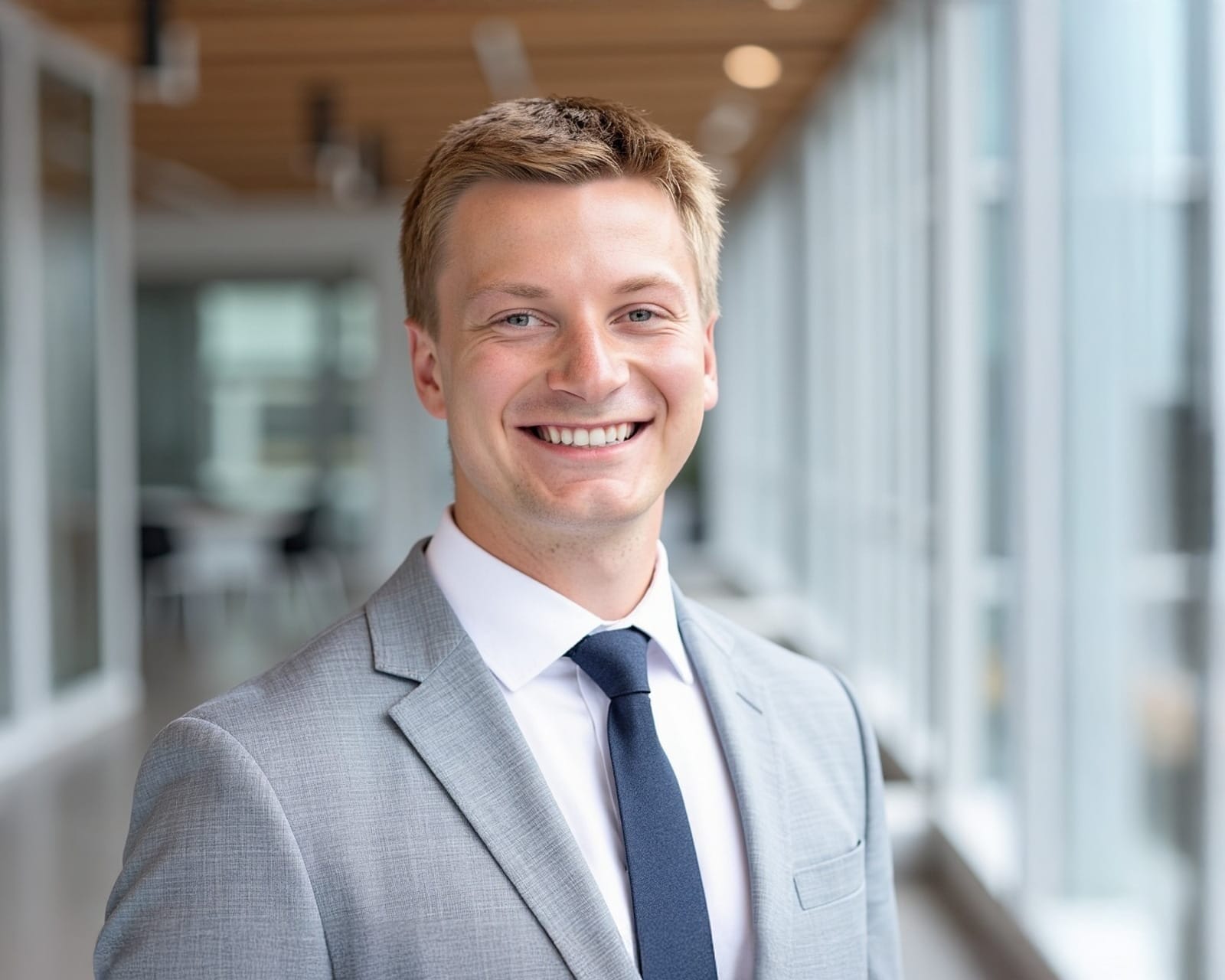 Parker Prior, a smiling man in a light gray suit and dark tie, stands in a bright, modern hallway with glass walls.
