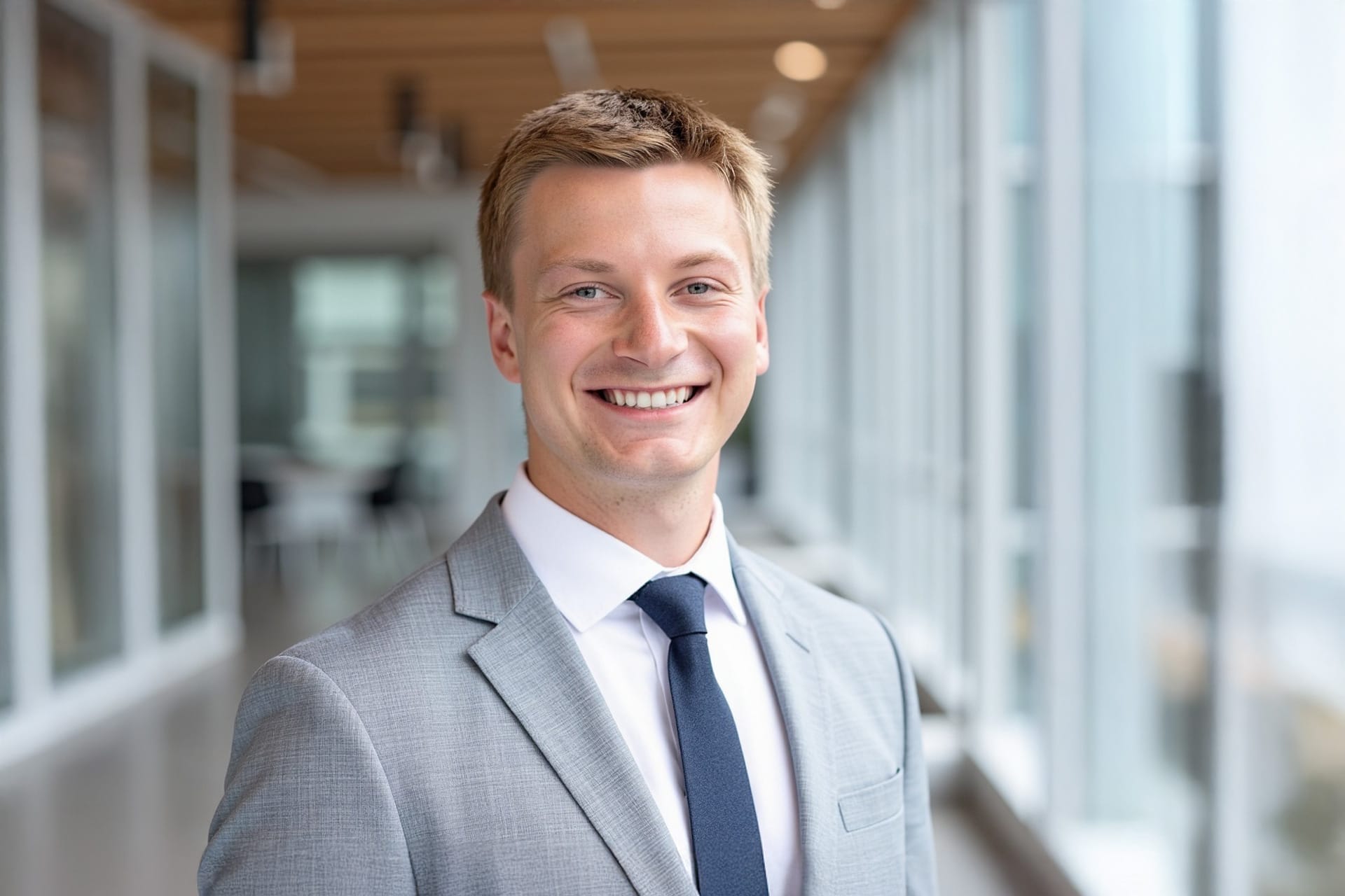 Parker Prior, a smiling man in a light gray suit and dark tie, stands in a bright, modern hallway with glass walls.