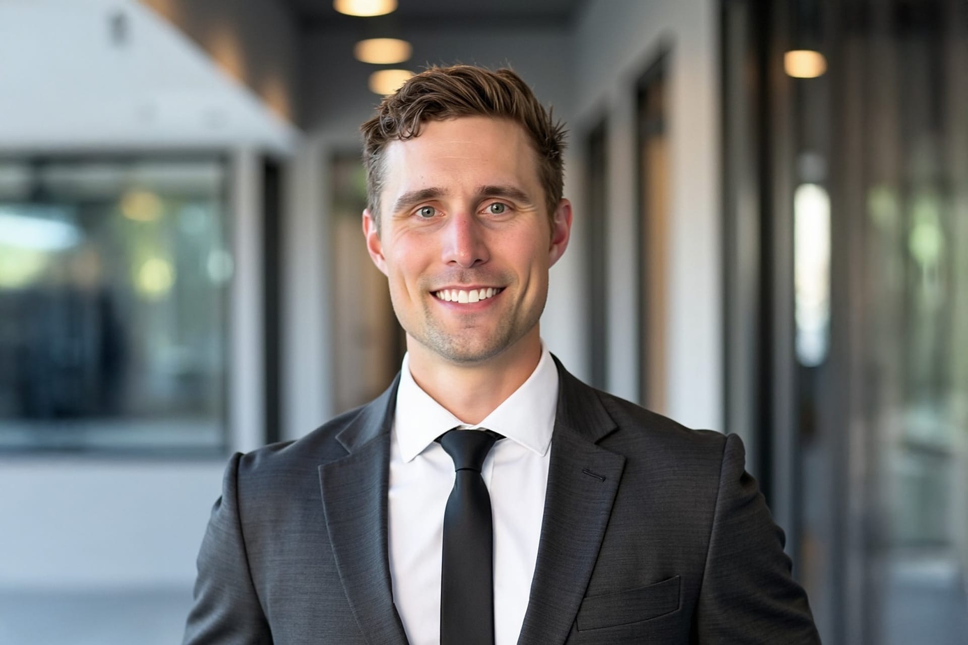 Brian Steck, Director, stands indoors in a modern office hallway wearing a dark suit and black tie, smiling at the camera.